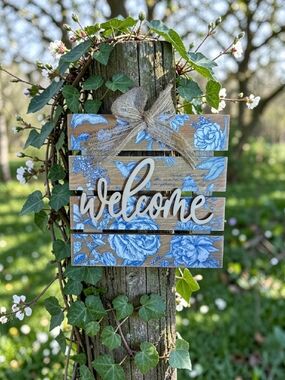 Wooden "Welcome" Sign with Blue Floral Design